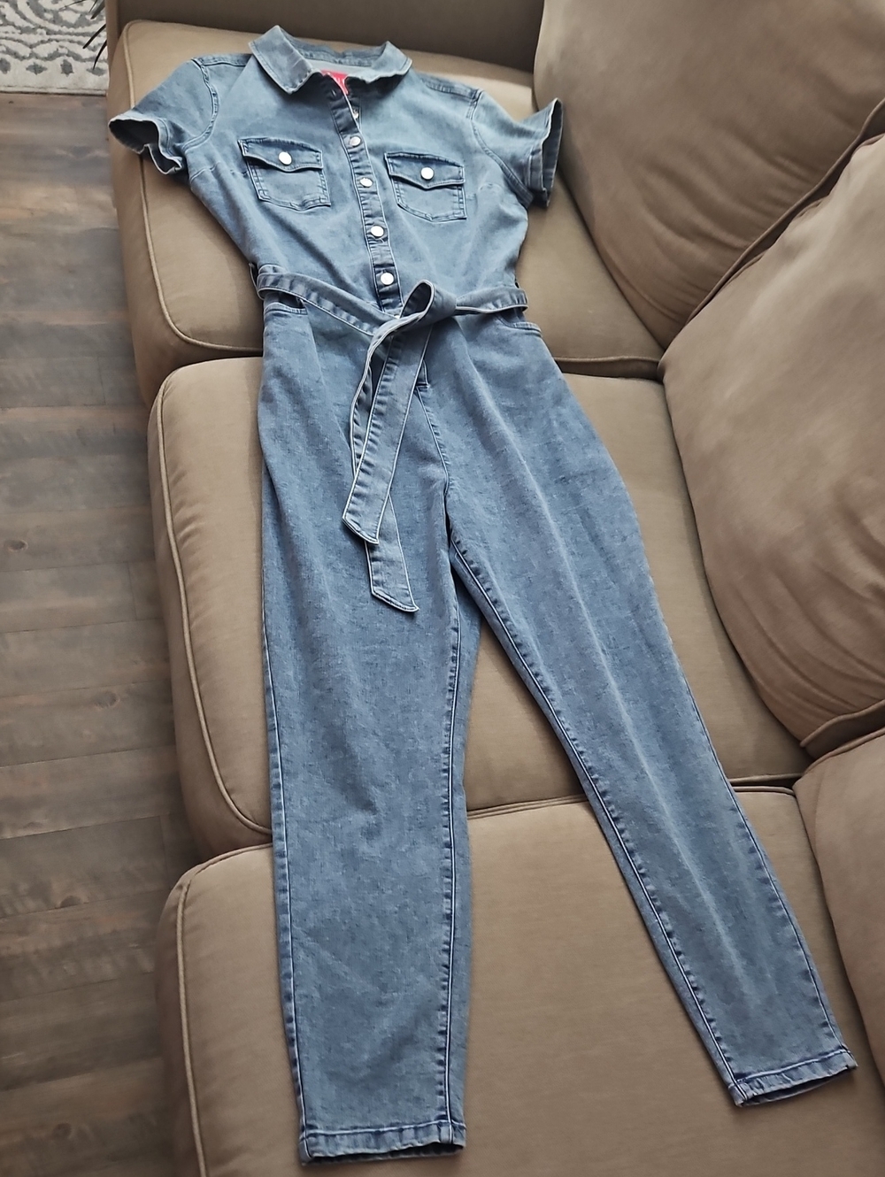 Guess Women's Boiler Suit Denim Jumpsuit Blue Size LARGE Button Up Short Sleeves